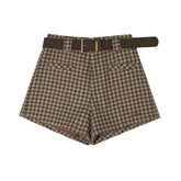 Plaid Suede Belted High-Waist A-Line Shorts - CHINASQUAD