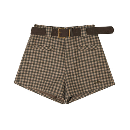 Plaid Suede Belted High-Waist A-Line Shorts - CHINASQUAD