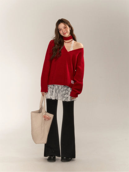 Halter V-Neck Loose Knit Sweater