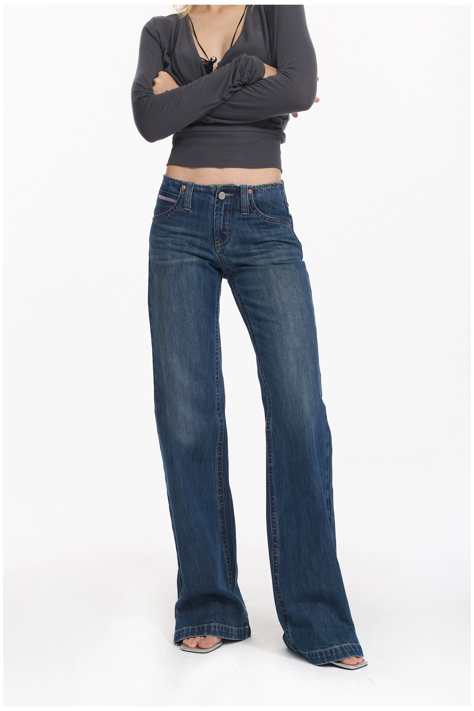 Washed Blue Embroidered Straight Jeans - CHINASQUAD