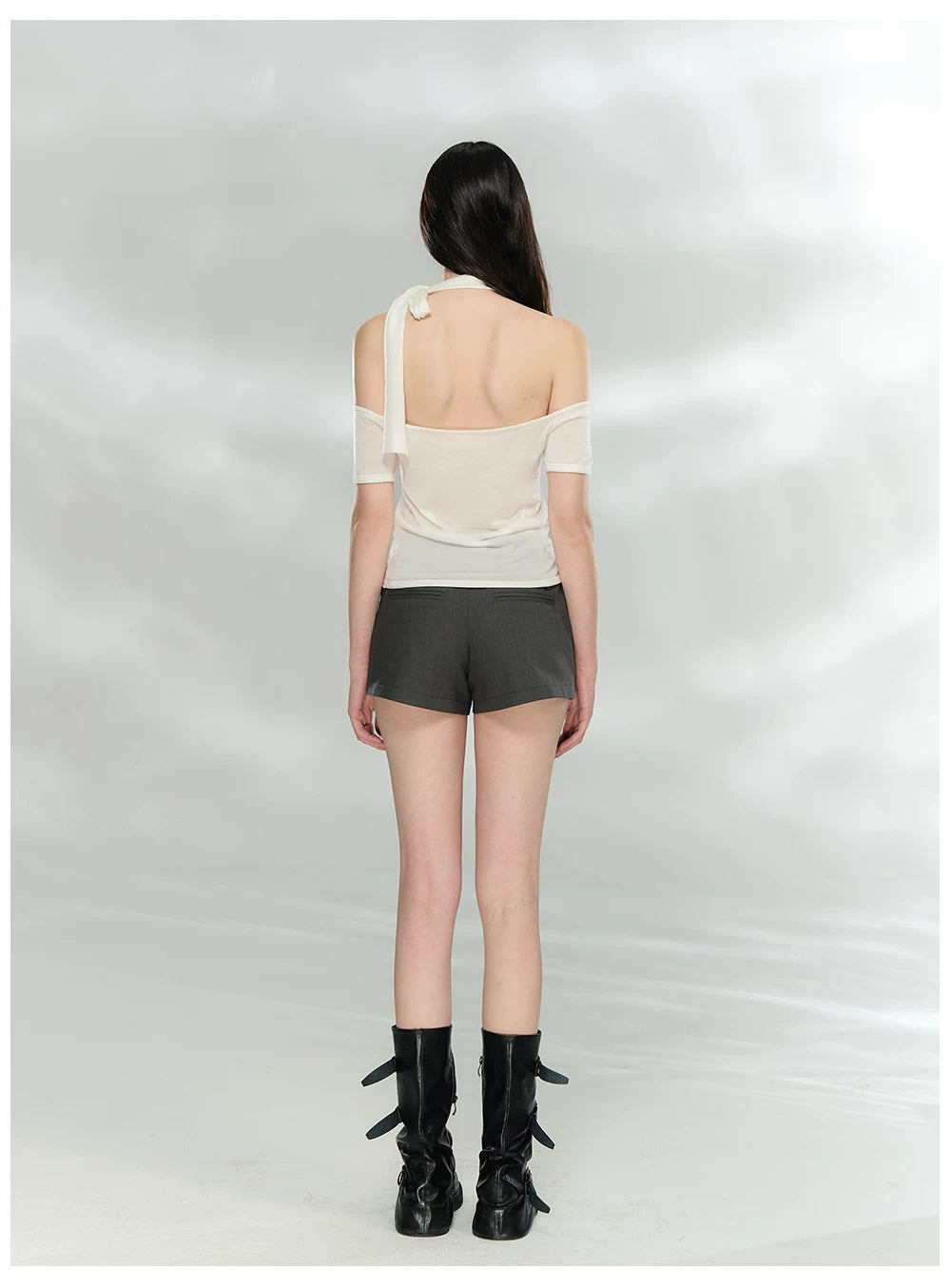 Off-Shoulder Patchwork Knit Cropped T-Shirt