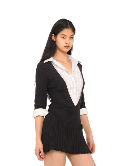 V-Neck Shirt Collar Pleated Mini Dress