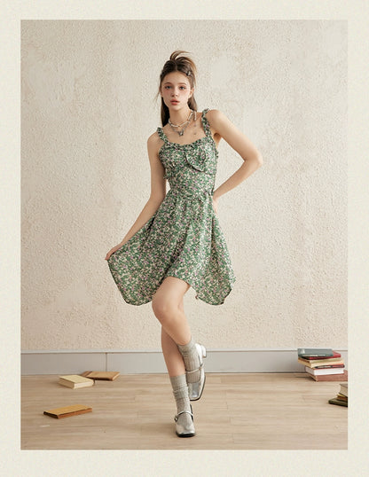 Green Floral Spaghetti Strap Dress