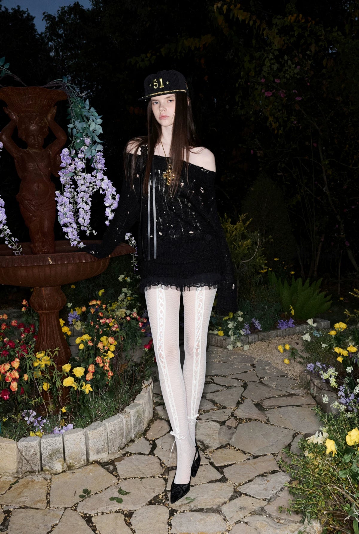 Off-Shoulder Belt Distressed Cable Knit Sweater