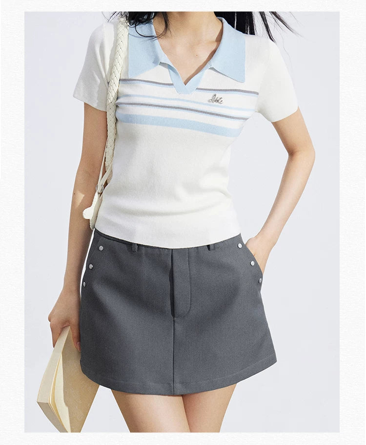 Striped Contrast Collar Ice Silk Polo Top