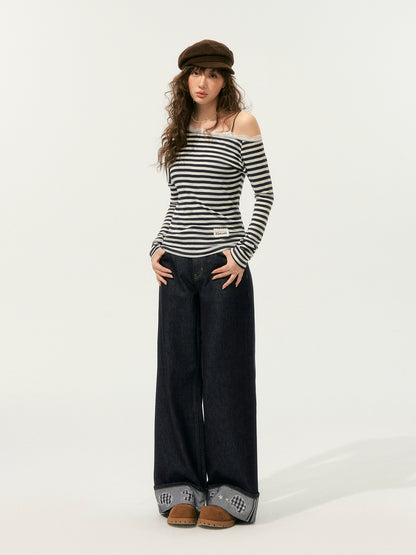 Striped Off Shoulder Fake Two-Piece T-Shirt - CHINASQUAD