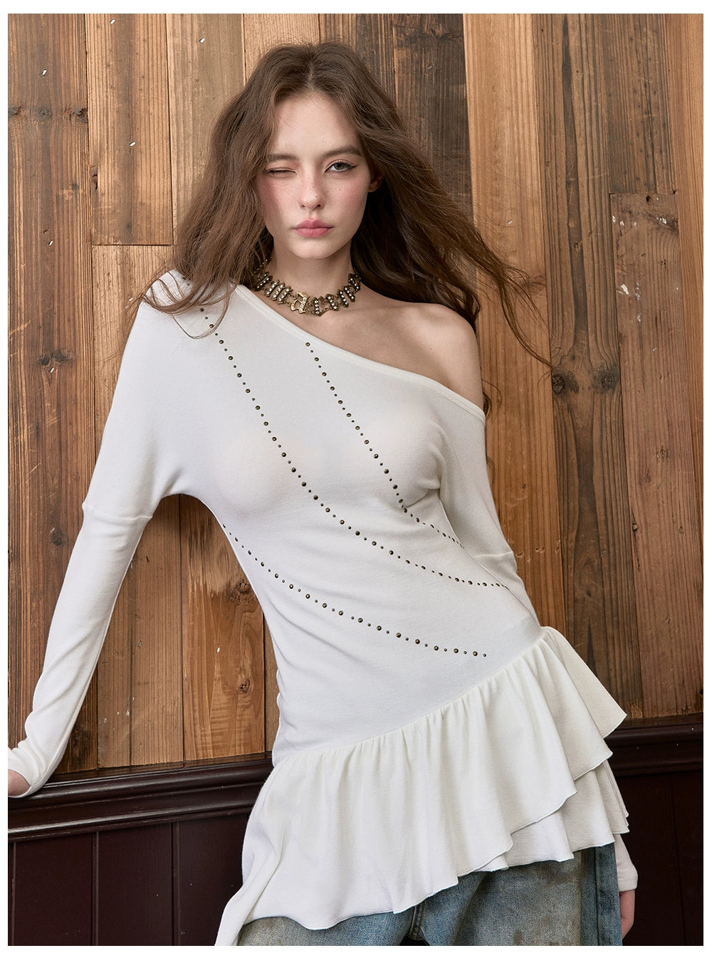 Asymmetrical Studded Off-Shoulder Midi T-Shirt