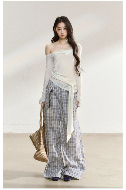 Asymmetric Shoulder Cross-Tie Knit T-Shirt
