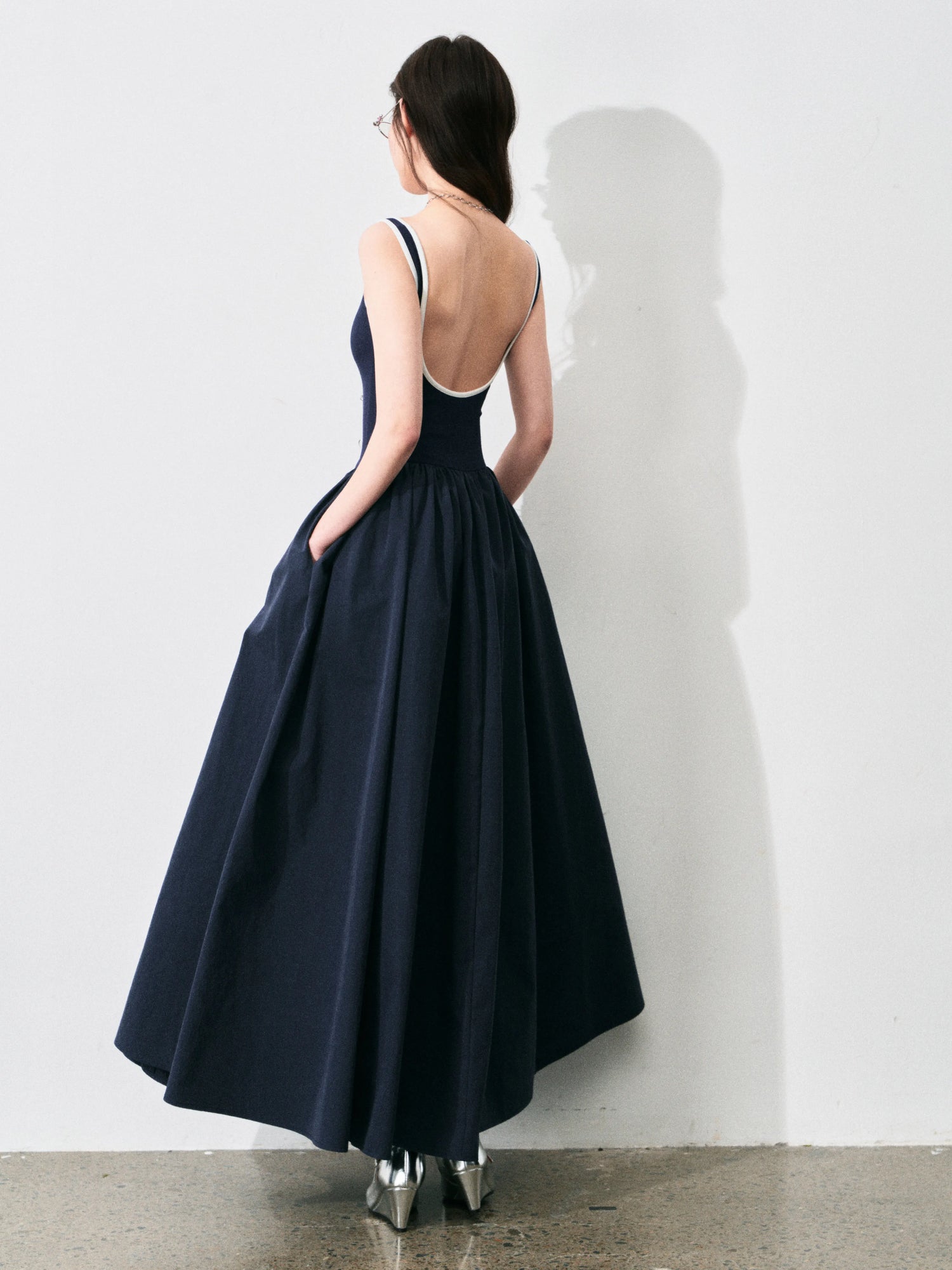 Contrast-Trim Backless Slip Maxi Dress