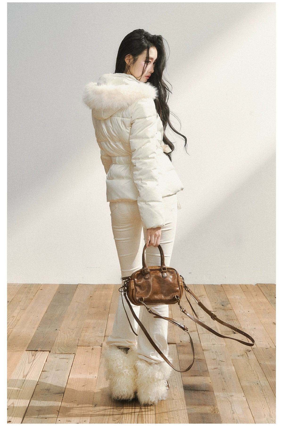 White High-Waist Flared Draped Pants