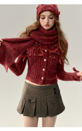 Red & Black Bow Decorated Knit Cardigan - CHINASQUAD