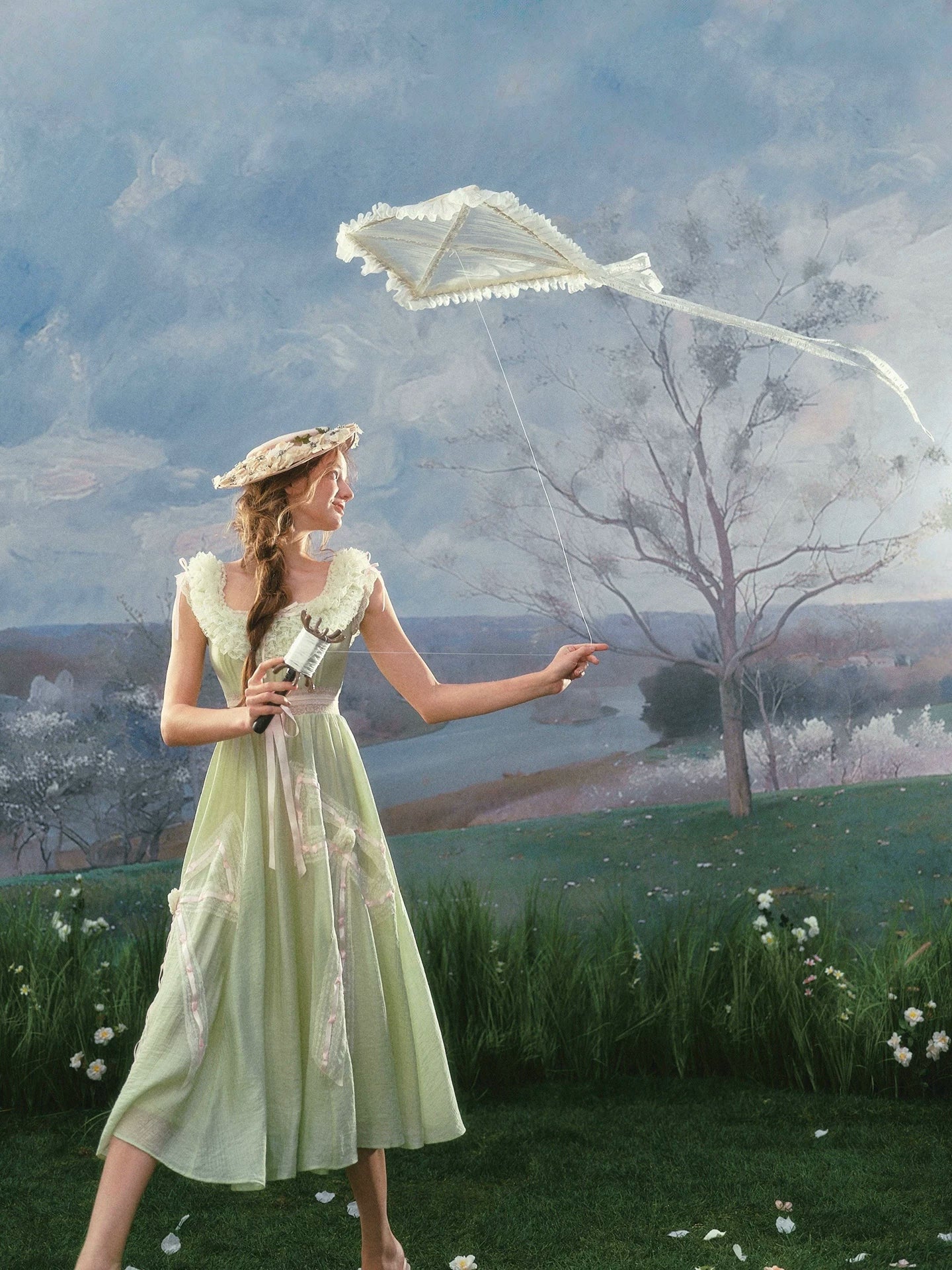 Green Kite Off-Shoulder Lace Fairy Dress