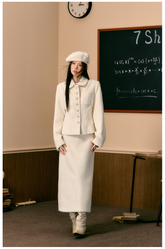 White Slim Woolen Jacket & Skirt Set - CHINASQUAD