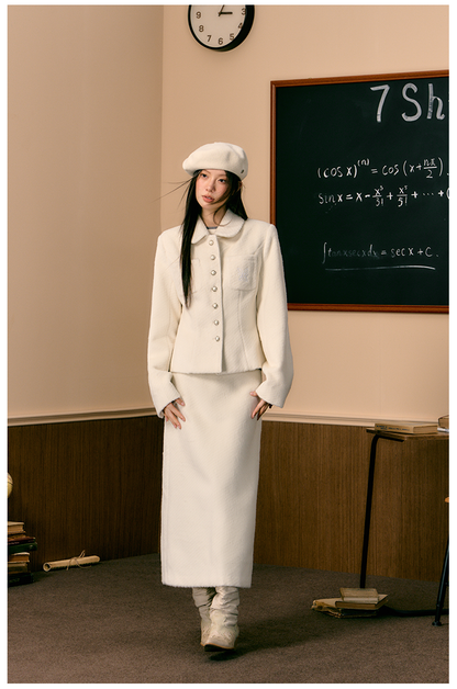 White Slim Woolen Jacket &amp; Skirt Set - CHINASQUAD