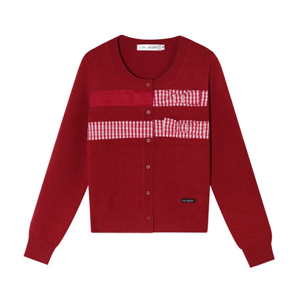 Vintage Checkered Patchwork Bow Knit Cardigan