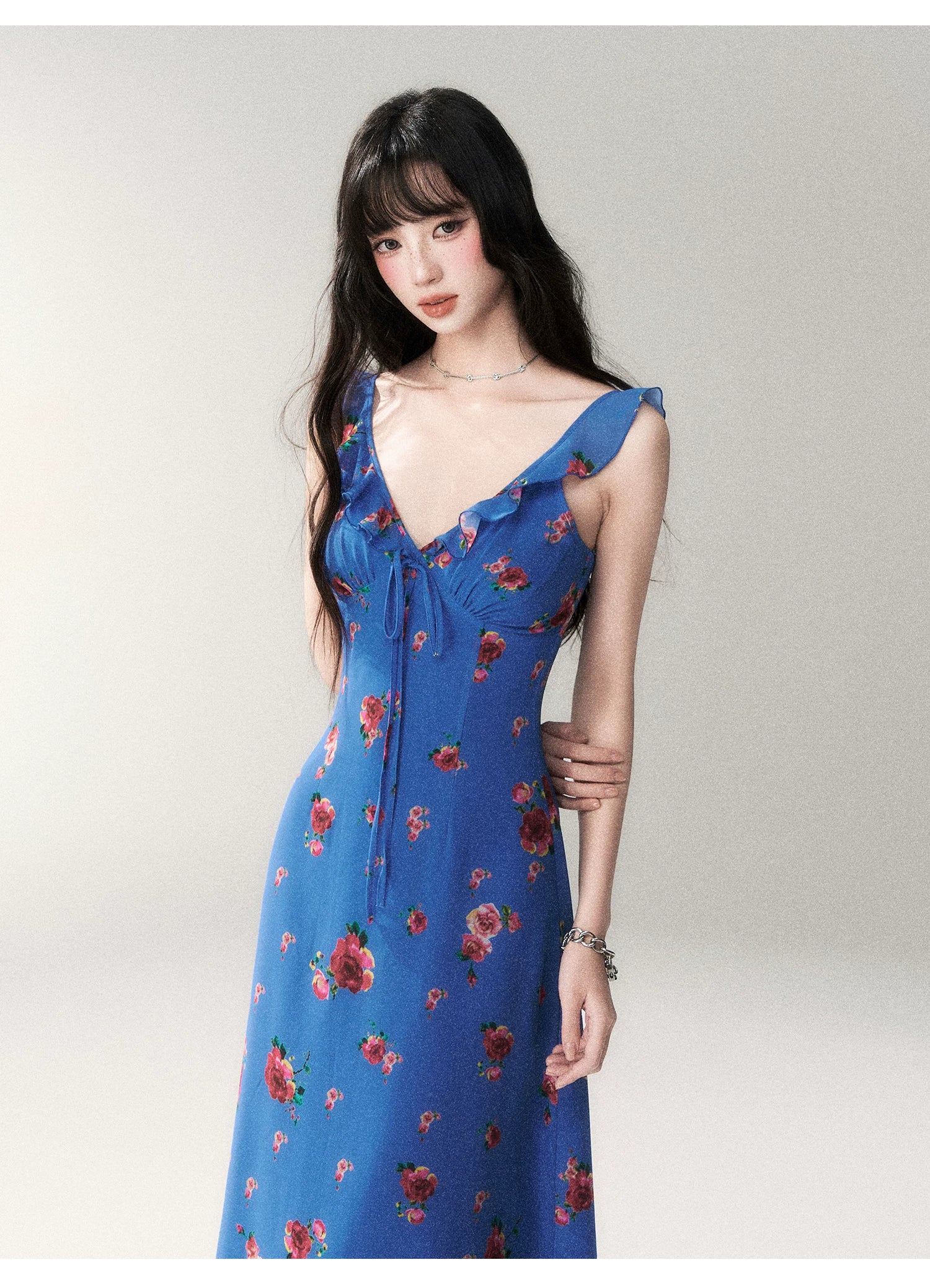 Blue Rose V-Neck Resort Maxi Dress