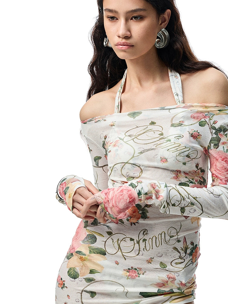 Floral All-over Print Off-the-Shoulder Sheer Cover-up