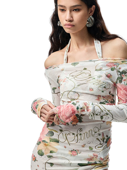 Floral All-over Print Off-the-Shoulder Sheer Cover-up