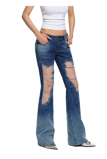 Blue Mesh Patchwork Low-Rise Flared Pants - CHINASQUAD