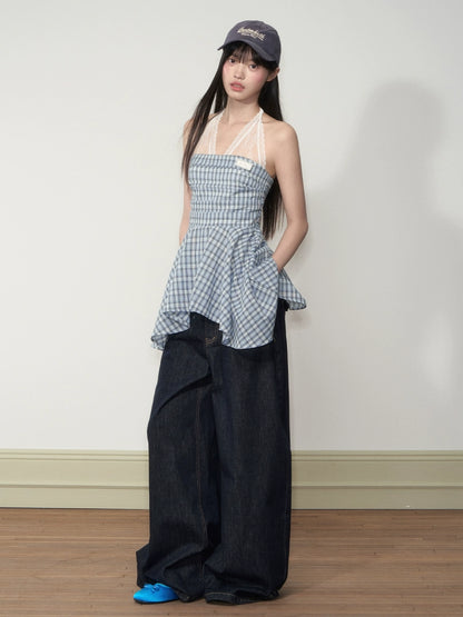 Blue Checkered Lace-Trimmed Camisole Top