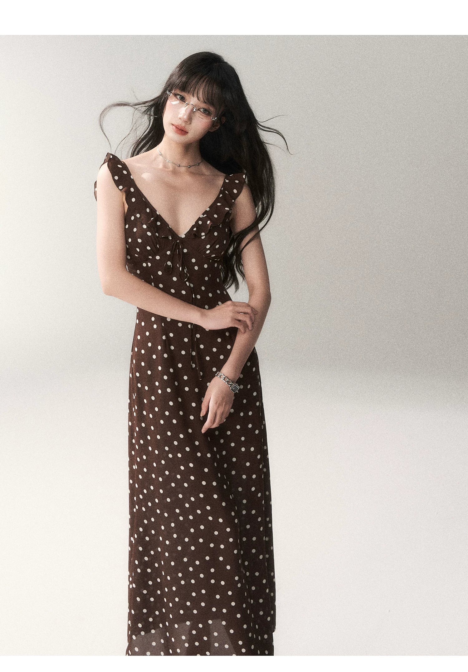 Chocolate Polka Dot French Slim-Fit Slip Maxi Dress