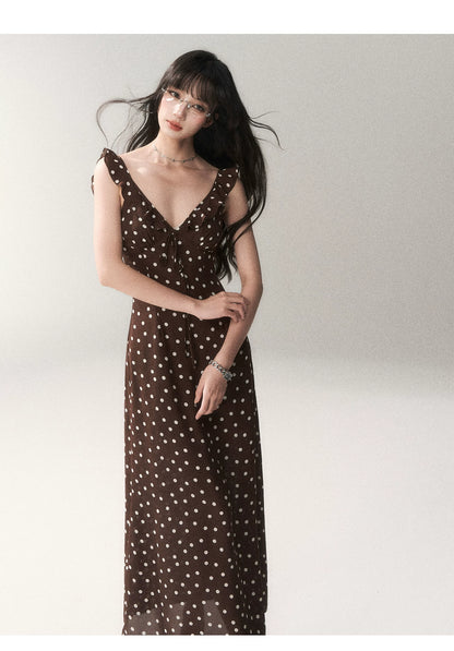 Chocolate Polka Dot French Slim-Fit Slip Maxi Dress