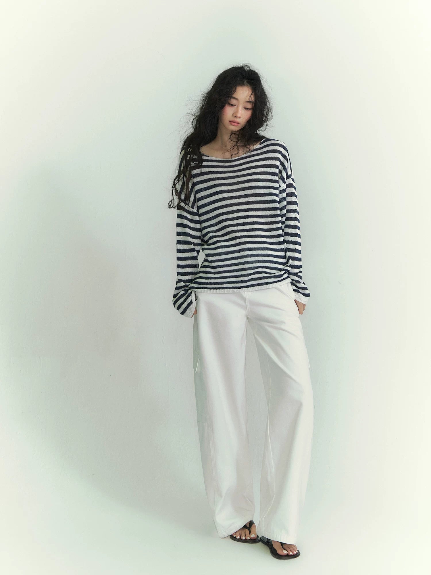 Washi Yarn Striped Off-Shoulder Long Sleeve Knit Top