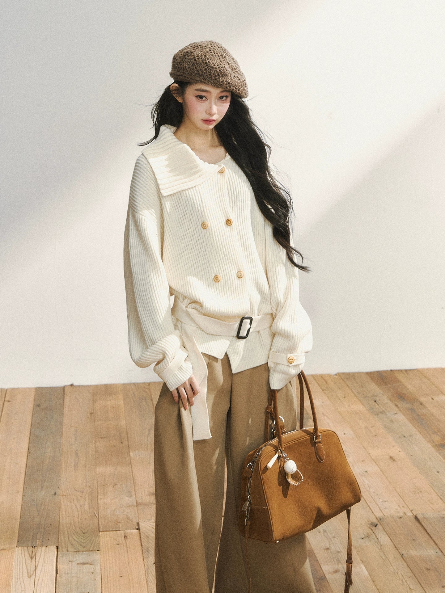 Double-Breasted Belted Knit Cardigan