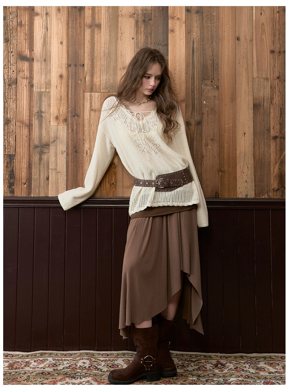 Lace Trim V-Neck Wool Blend Knit Sweater