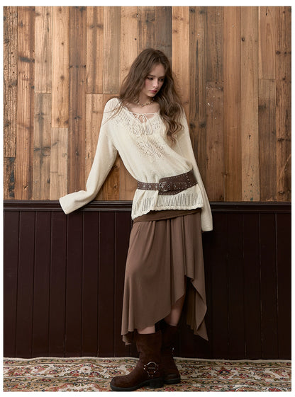 Lace Trim V-Neck Wool Blend Knit Sweater