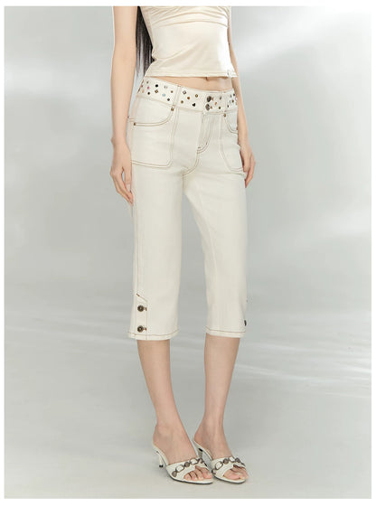 Studded Belt Cropped Denim Pants