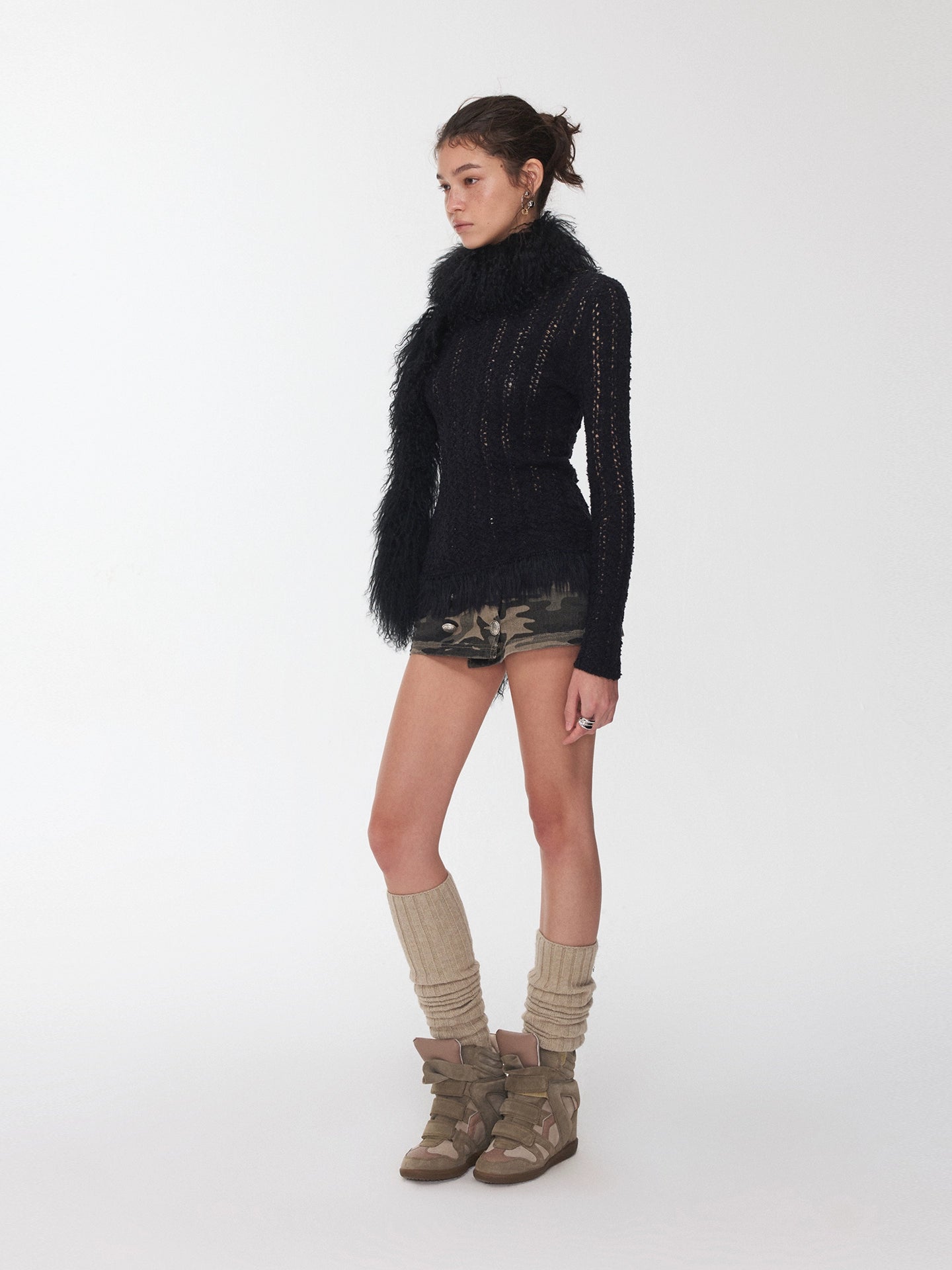 Cable-Knit Faux-Fur Trim Fitted Sweater