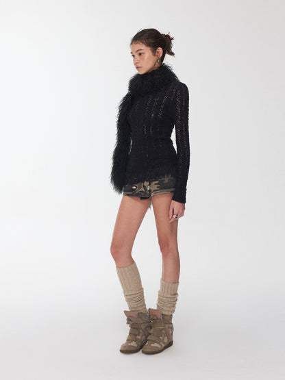 Cable-Knit Faux-Fur Trim Fitted Sweater