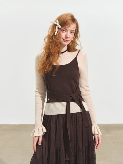 Contrast-Tie Layered Crewneck Knit Sweater