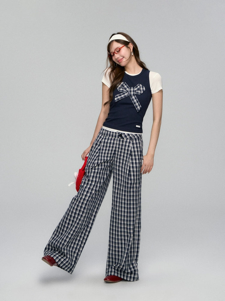 Checkered Bow Contrast Color Short - Sleeve Set