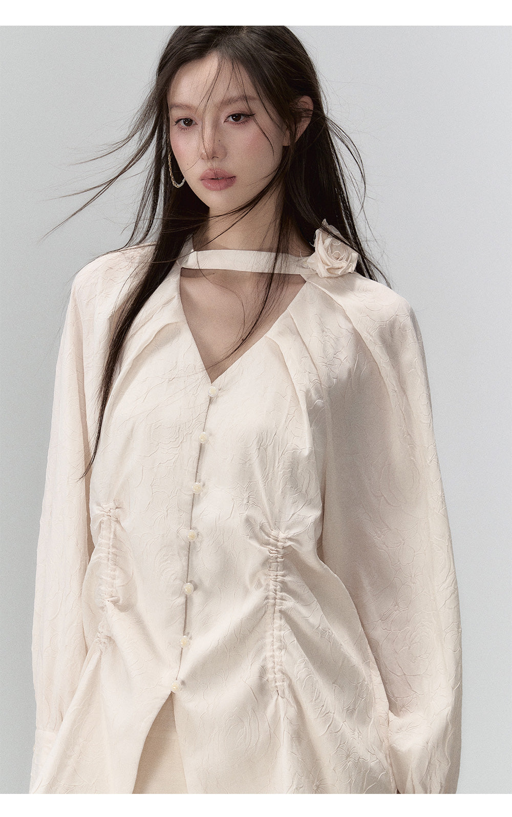 (Final Sale) Beige New Chinese-style Long-sleeved Shirt &amp; Skirt Set - CHINASQUAD
