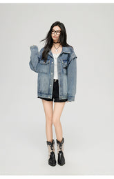 Washed Turn-down Collar Denim Jacket - CHINASQUAD