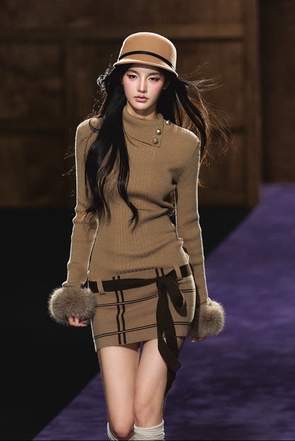 Faux Fur Cuff High-Neck Knit Dress