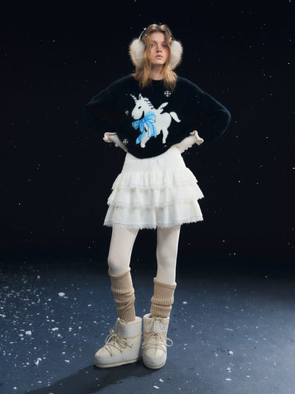 Lace-Panel Velvety Tiered Skirt