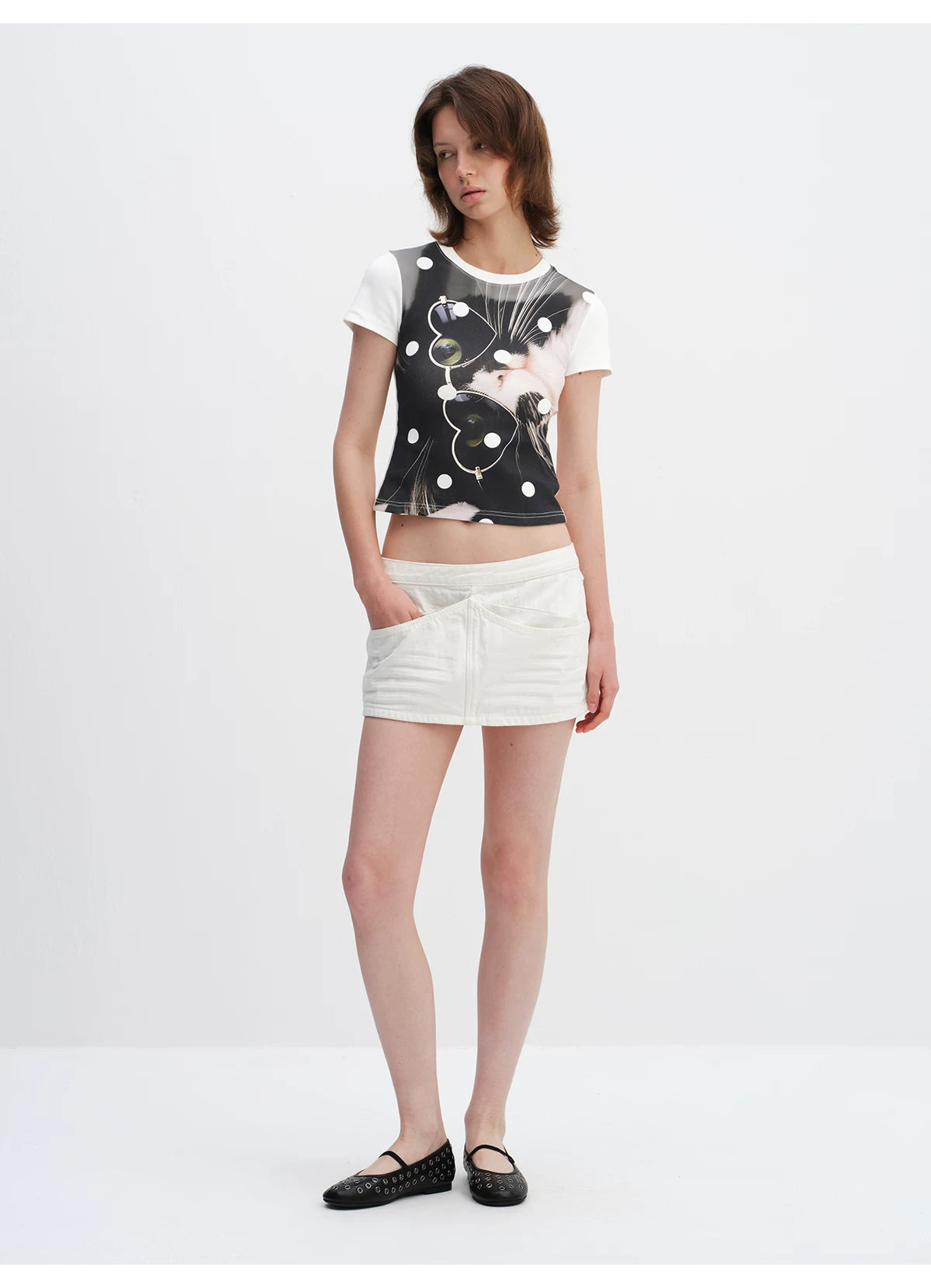 Playful Cat Polka Dot Cropped T-Shirt