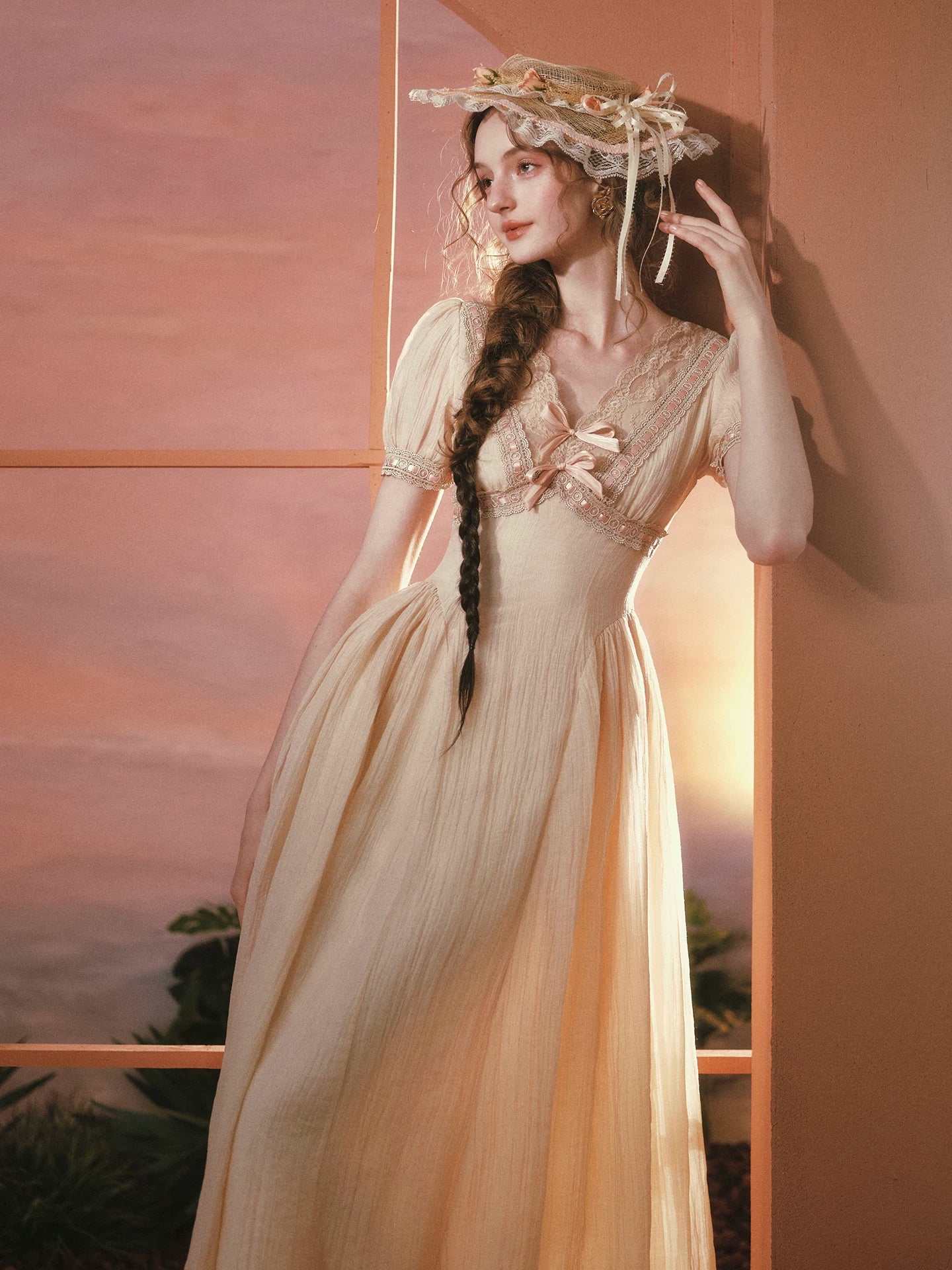 Sunset Rose French Vintage V-Neck Waist-Cinching Dress