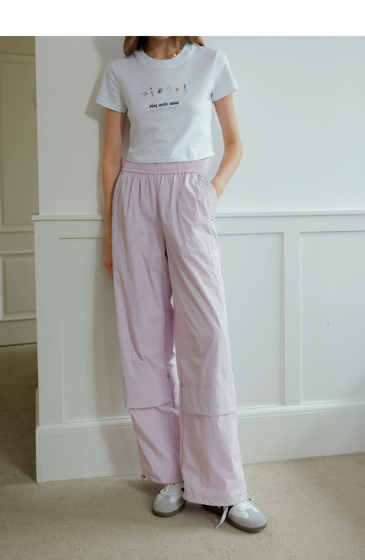 White &amp; Pinkish-purple Drawstring Wide-leg Pants