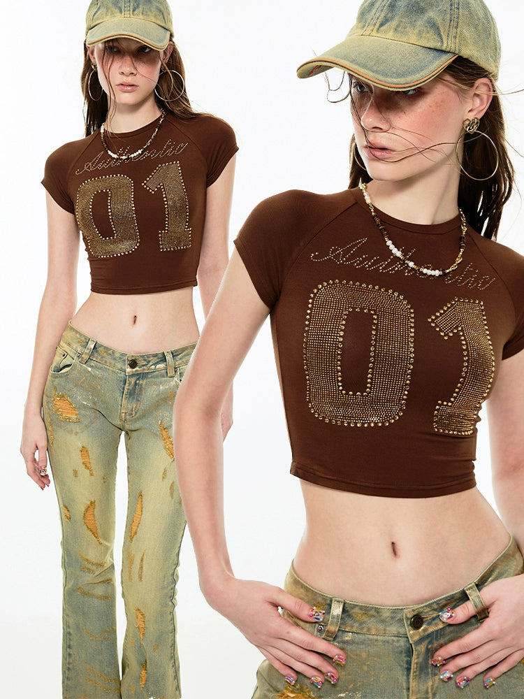 Rhinestone-studded Cropped T-shirt - CHINASQUAD