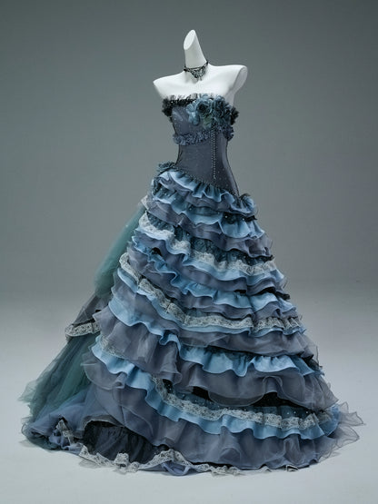 Nightscape Ruffled Tulle Gown with Floral Embellishments