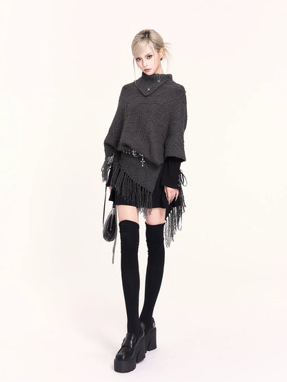 Asymmetric Turtleneck Knit Cape