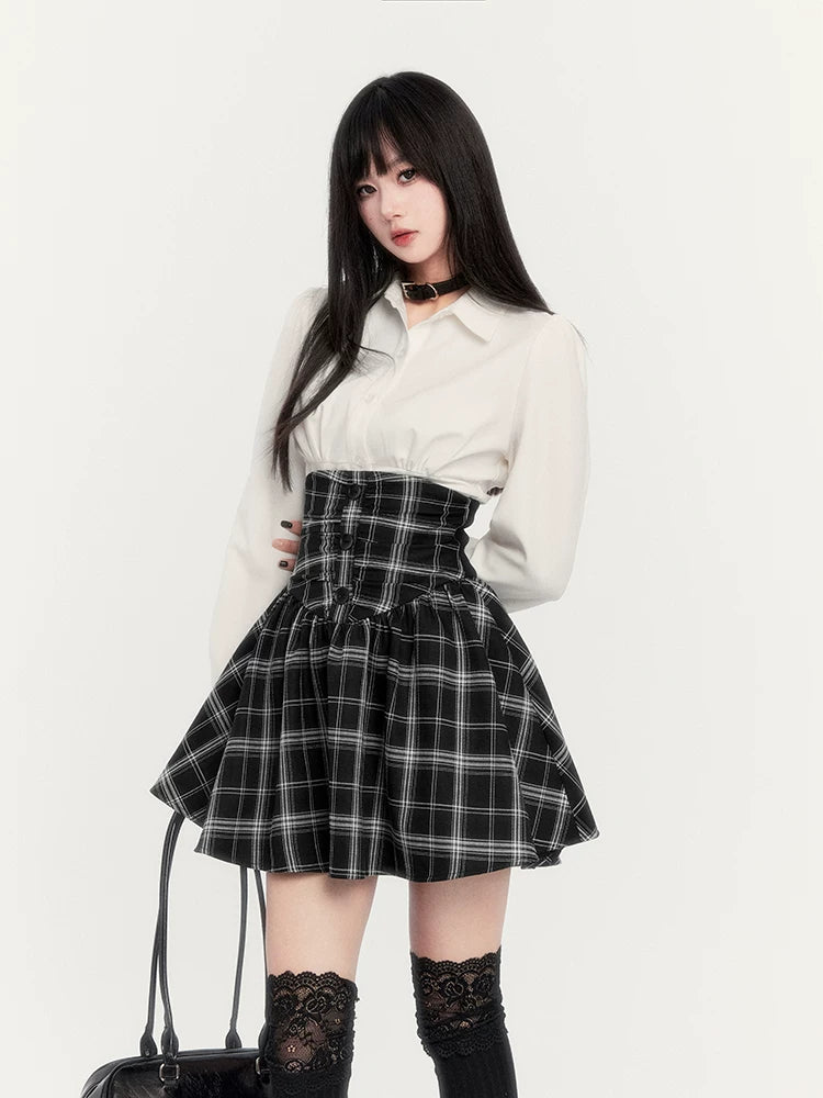High-Waist Corset Plaid Suspender Skirt