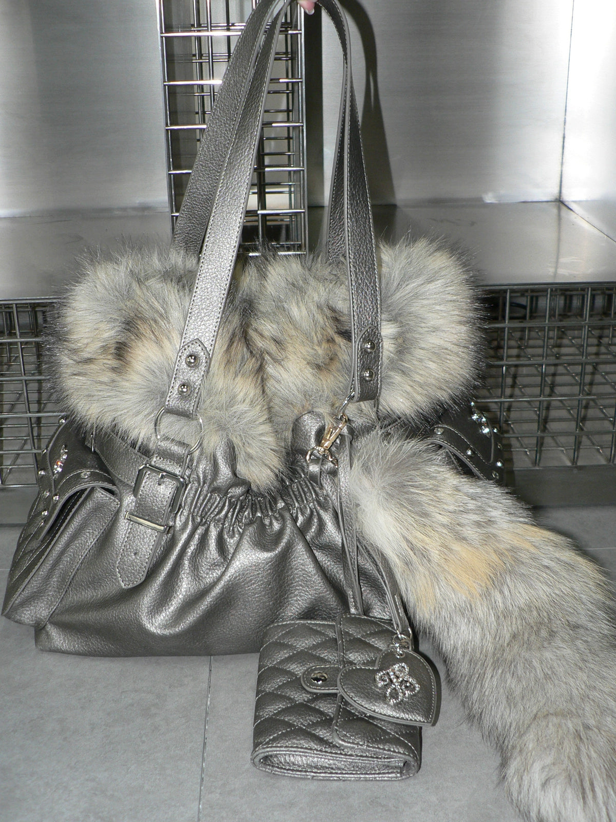 Faux Fox-Trim Structured Tote Bag