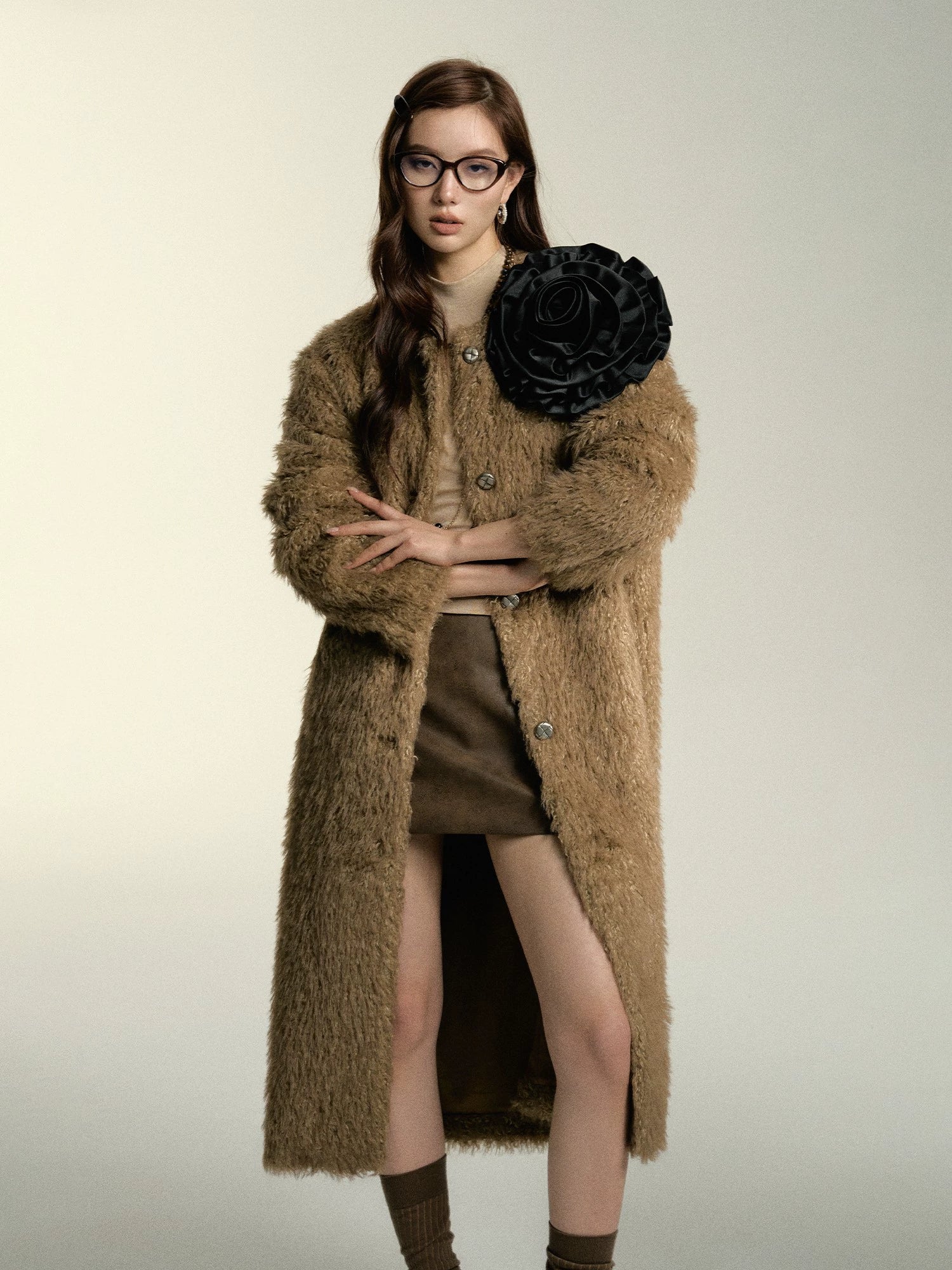 Khaki &amp; Milk White Long Suede Fur Coat - CHINASQUAD