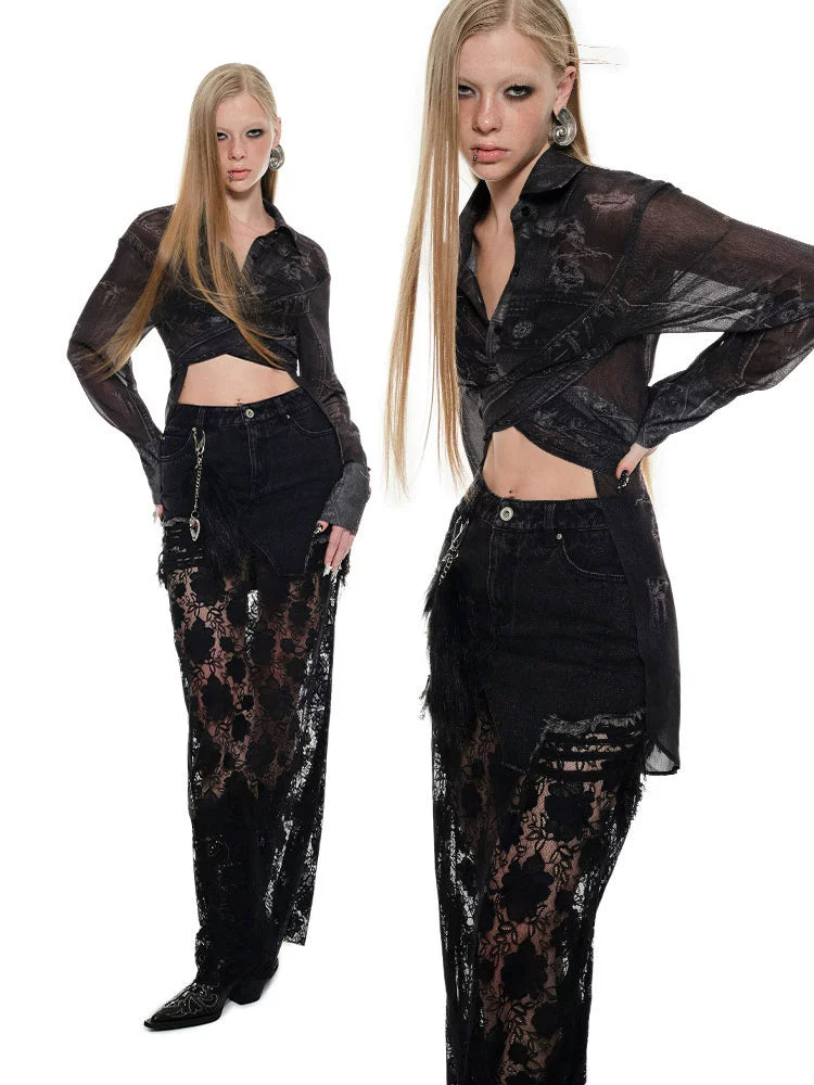 (Final Sale) Black &amp; Blue Lace Panel Denim Maxi Skirt