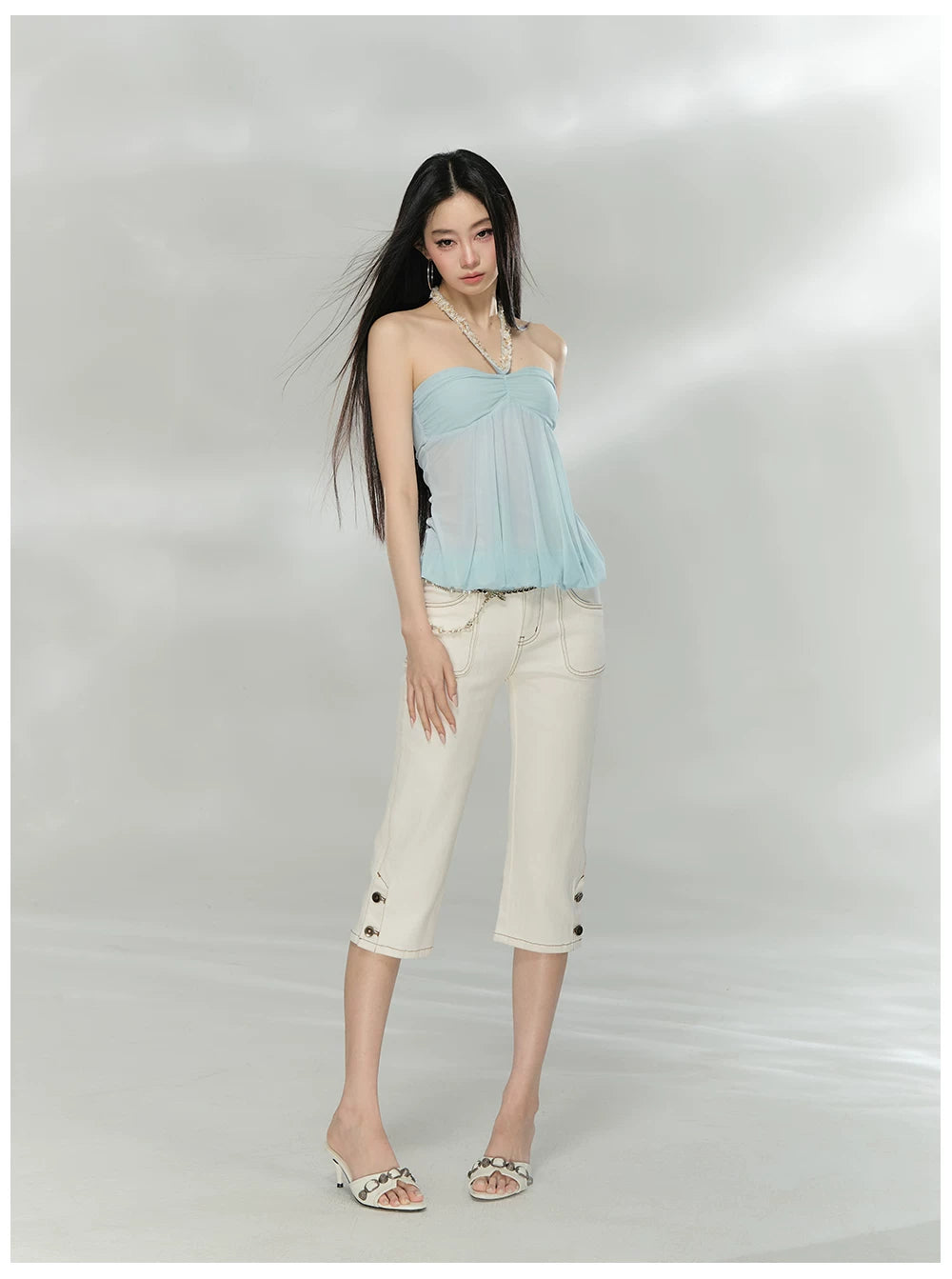 Sheer Double-Layer Mesh Halter Backless Top